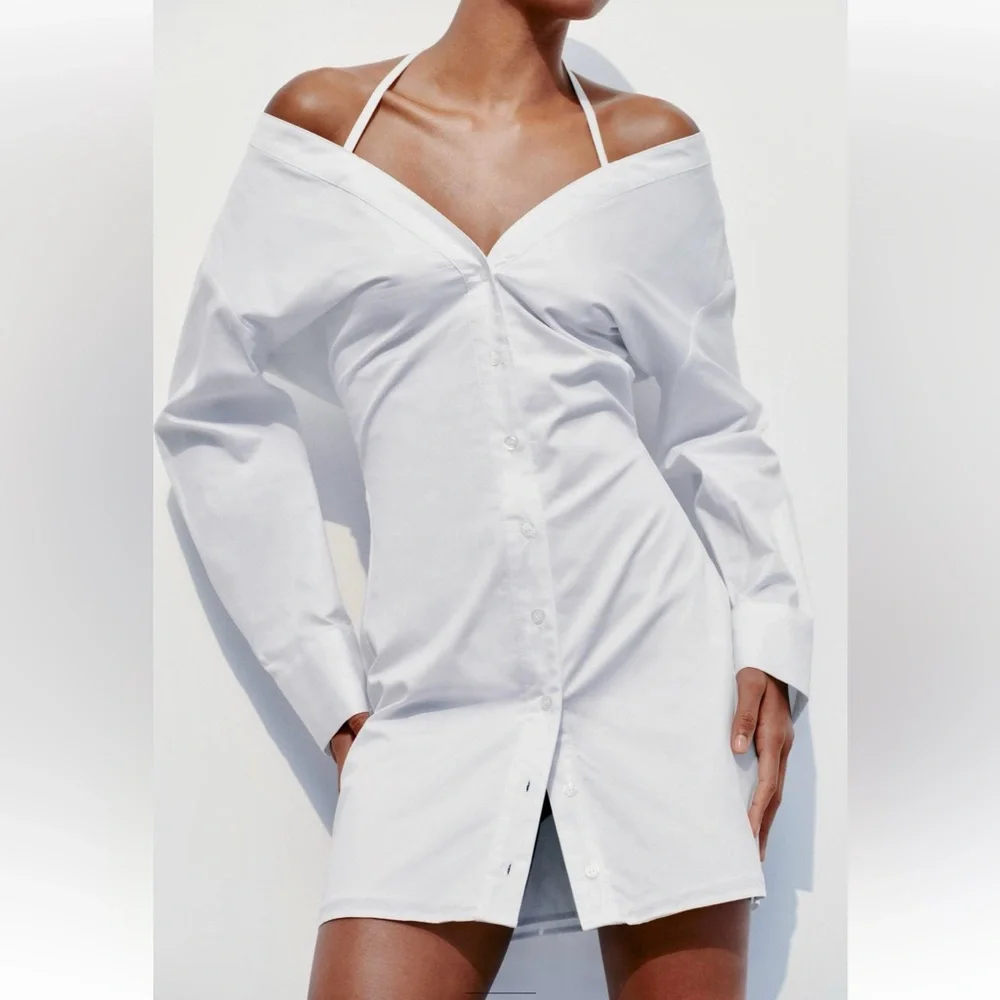 Zara NWT gabardine white off the shoulder button front trench coat shirt dress - Picture 5 of 15